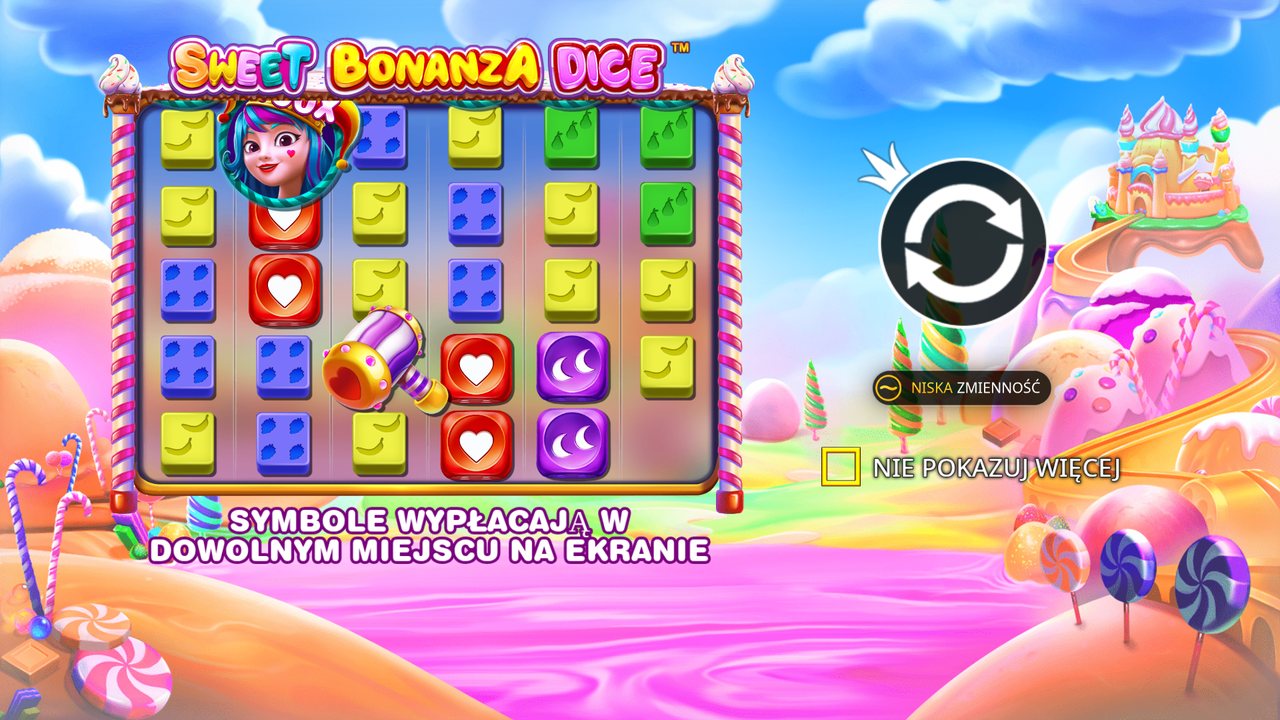 Ekran startowy Sweet Bonanza Dice w demo po polsku z plakietką Niska zmienność