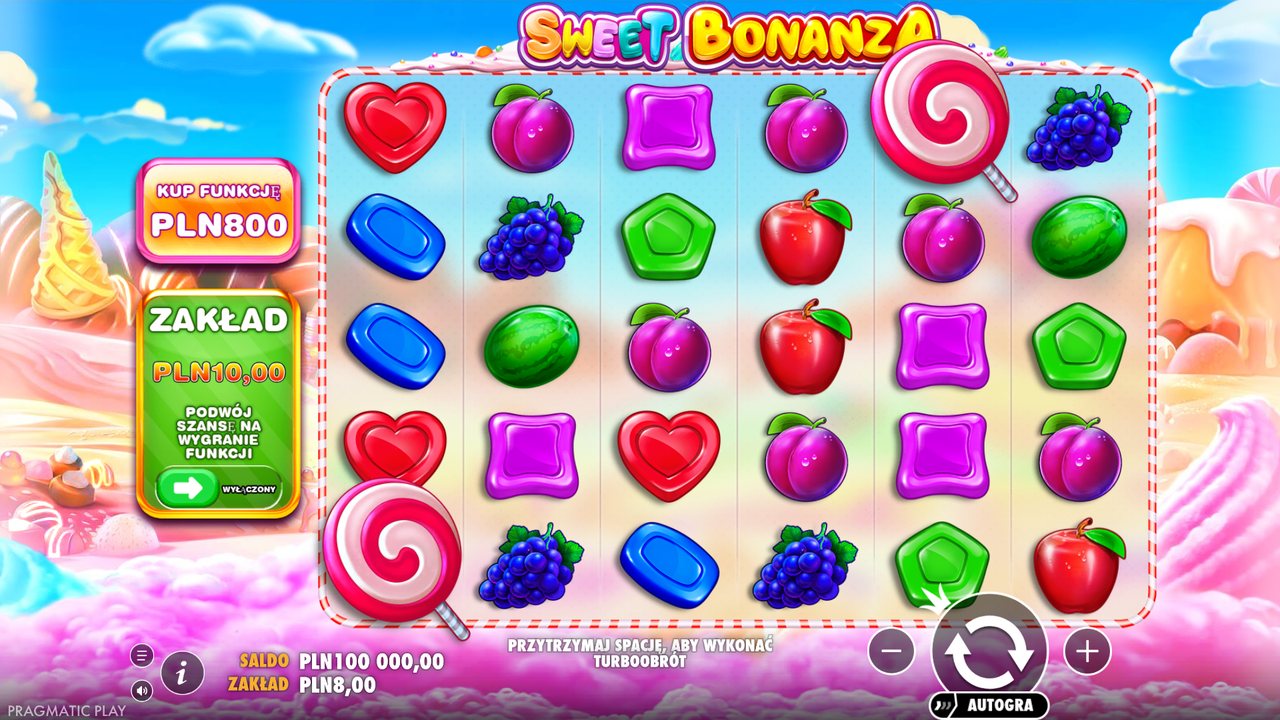 Demo Sweet Bonanza: saldo 100 000 zł, zakład 8 zł i przycisk Kup funkcję za 800 zł