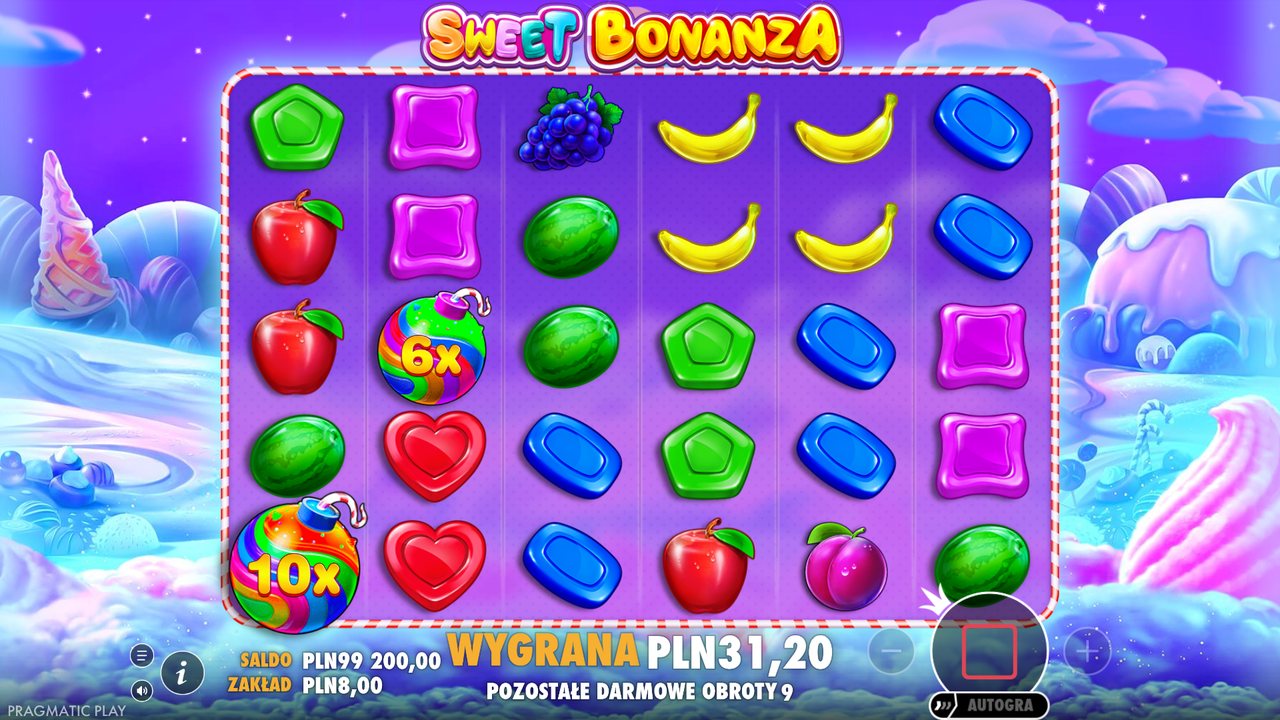 Darmowe spiny w oryginalnej Sweet Bonanza: bomby 6x i 10x na polu