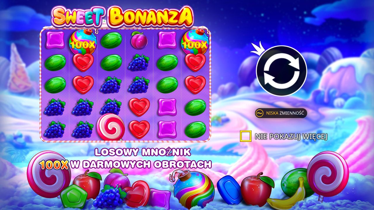 Ekran startowy Sweet Bonanza demo po polsku z napisem „Niska zmienność”