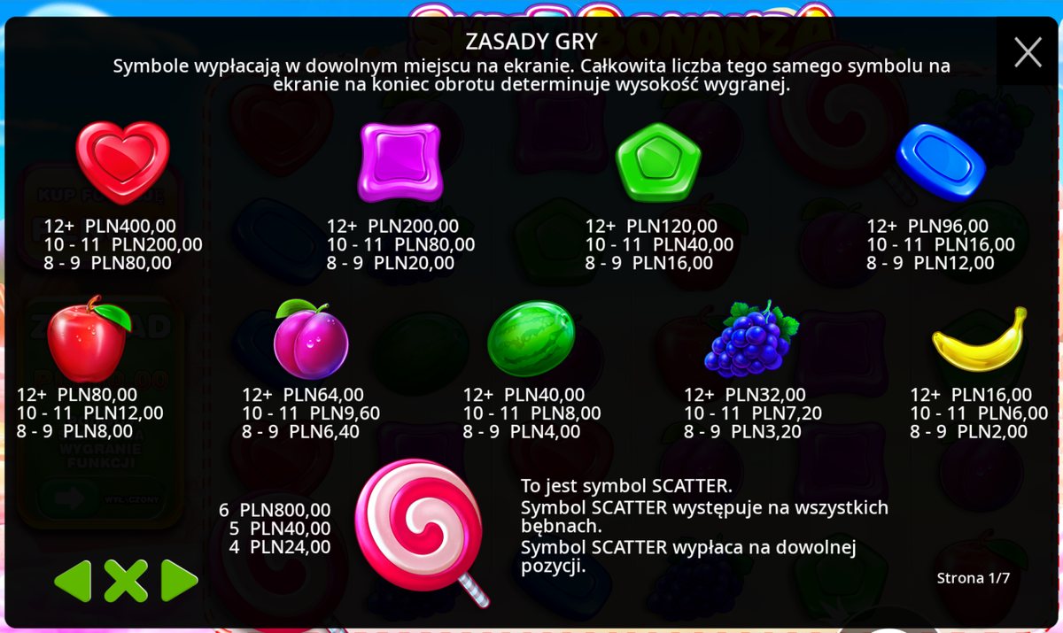 Ekran zasad w demo Sweet Bonanza z wypłatami w złotych przy stawce 8 zł