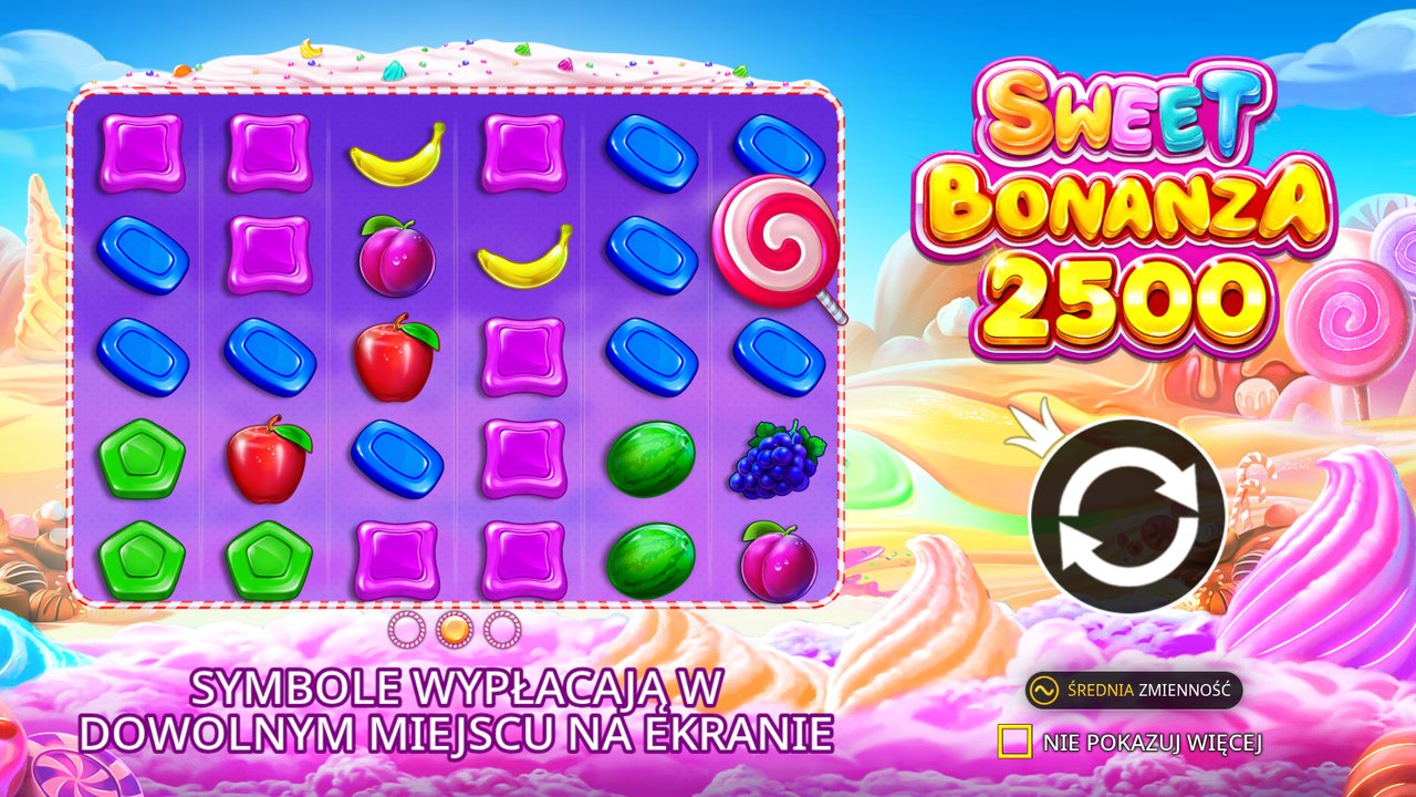 Ekran startowy Sweet Bonanza 2500 w demo po polsku z plakietką Średnia zmienność